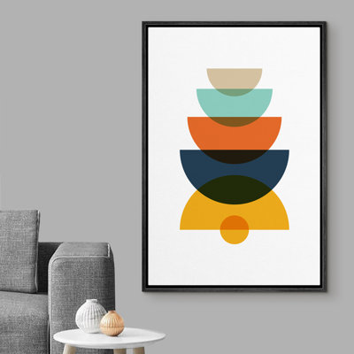 Reproduction d'art sur toile encadrée IDÉE4WALL de style Mid-Century gris, bleu sarcelle, rouge, bleu et jaune, demi-cercles, formes abstraites, illustrations, art moderne, chic et ultra coloré pour le salon, la chambre à coucher et le bureau - NOIR 1