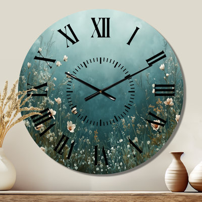 Champ de fleurs sauvages printanières turquoise - Horloge murale botanique en métal silencieux