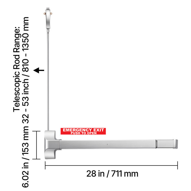 Dispositif anti-panique à poussoir, barre anti-panique commerciale en acier inoxydable de 28 po pour portes de sortie, quincaillerie de porte de secours avec tige verticale supérieure et autocollant, pour porte en bois ou en métal de 28 à 41 po, argent