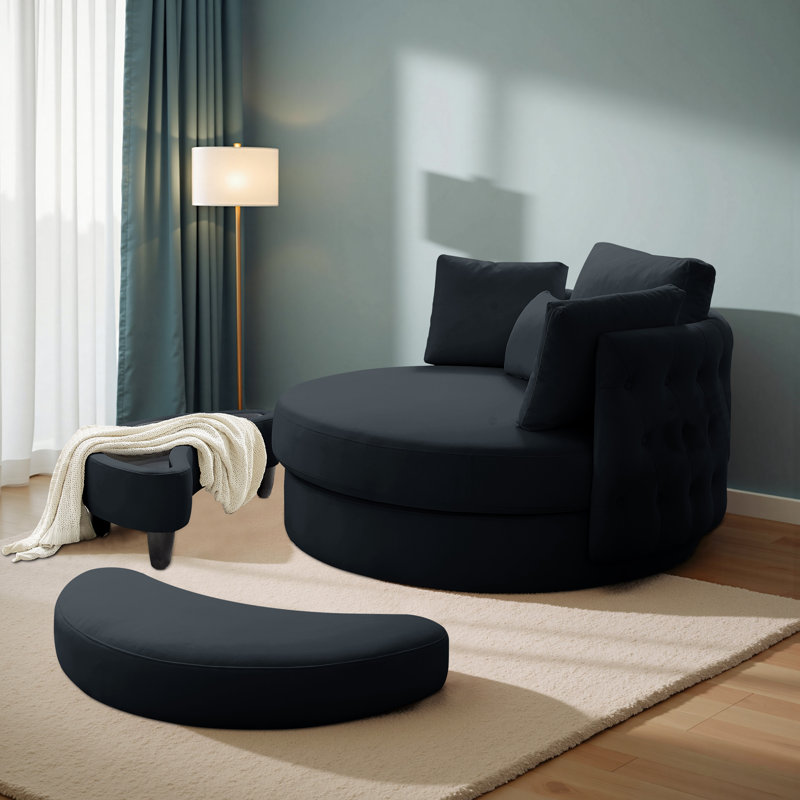 Upholstered Tufted Swivel Chair with Ottoman, Black