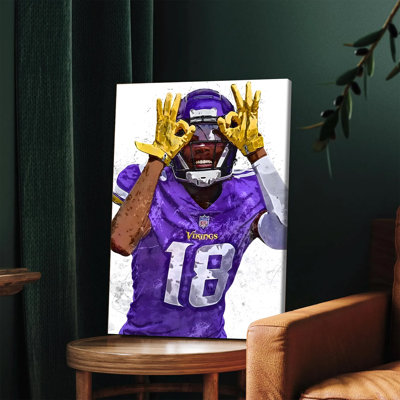 1 pièce d'art mural, affiches encadrées, NFL Minnesota Vikings Justin Jefferson # 18, reproduction d'art sur toile, décoration murale de joueur de football pour les amateurs de sport, décoration intérieure esprit d'équipe mauve et doré éclatante, œuvre d'art souvenirs de qualité supérieure