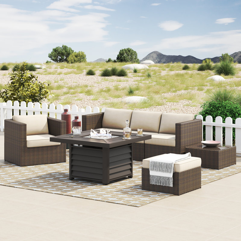 Baecher 5 - Person Wicker / Rattan Outdoor Sectional Seating Group ( Fully Assembled ) with Cushions and Aluminum Fire Pit Table