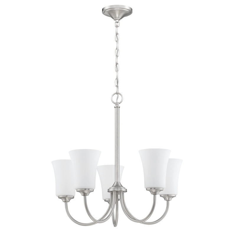 Lustre classique / traditionnel à 5 lumières de style bougie Pembe, Nickel poli brossé, Blanc givré