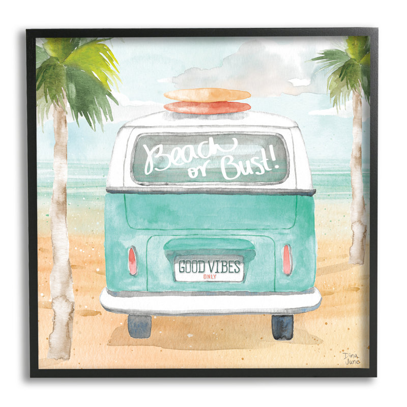 «Beach or Bust Blue Surf Cruiser» par Dina June - peinture sur bois, Giclée encadrée noir minuit