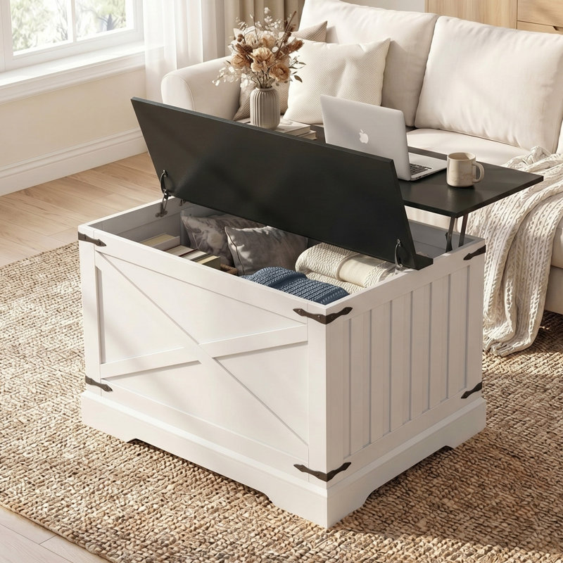 Table basse de style champêtre avec plateau relevable de 80 cm et rangement dissimulé, noir et blanc, Black