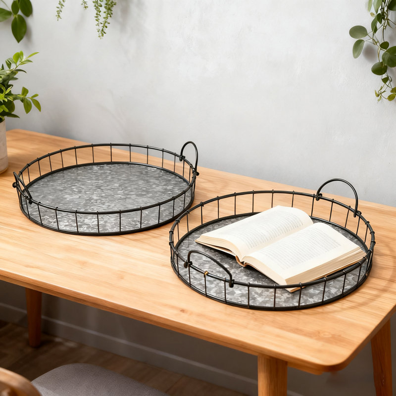 Ensemble de 2 plateaux ronds en fer avec poignées, plateaux de service ou de présentation en métal noir portables pour centre de table ou plateau de comptoir