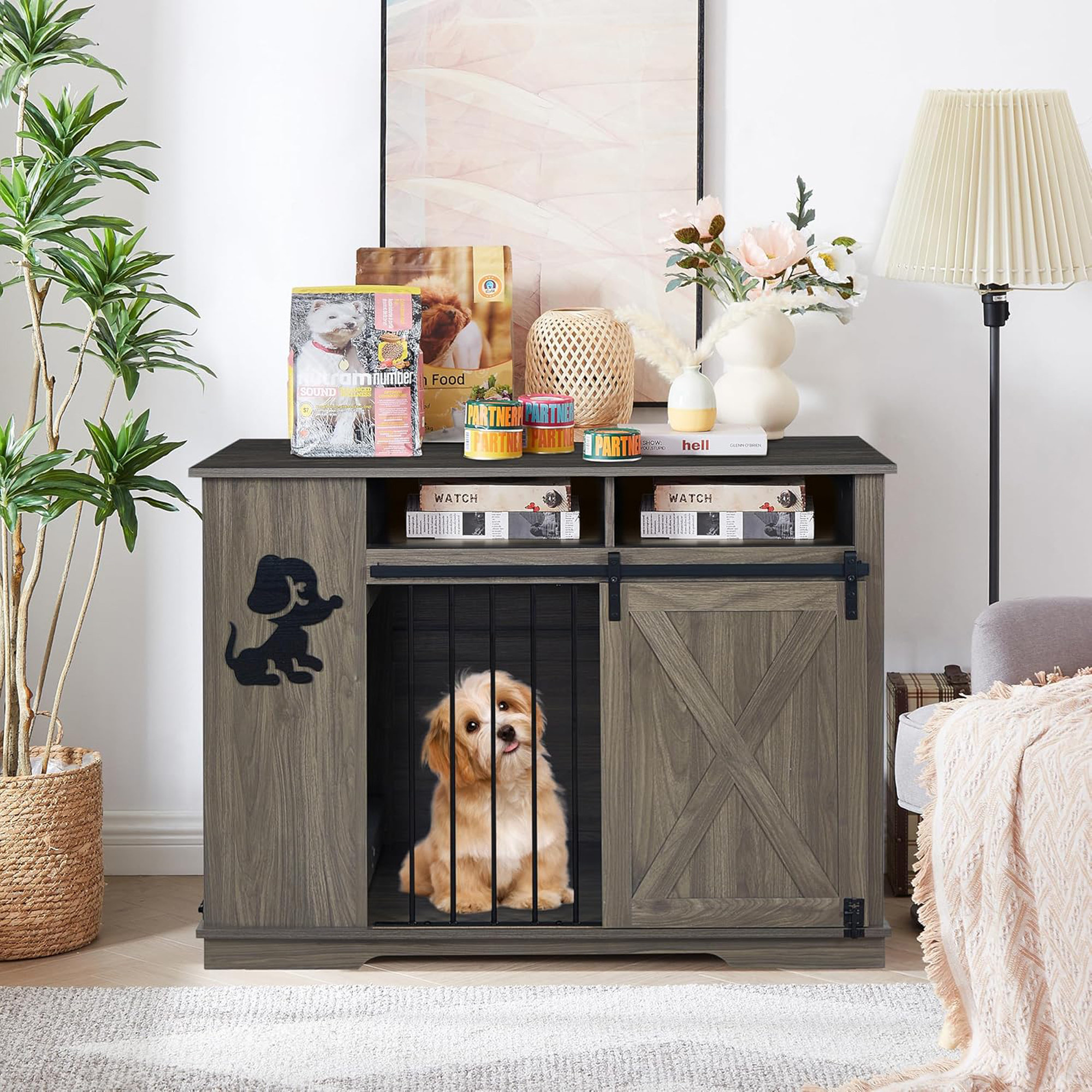 View of Tucker Murphy Pet™ Wooden Dog Crate Furniture With Storage And Bowls ...
