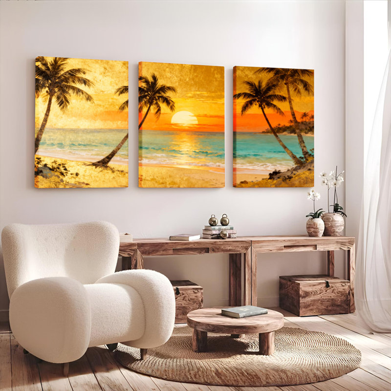 Tableau sur toile tendue « Coucher de soleil tropical avec palmiers » (lot de 3), H 30 po x l 60 po