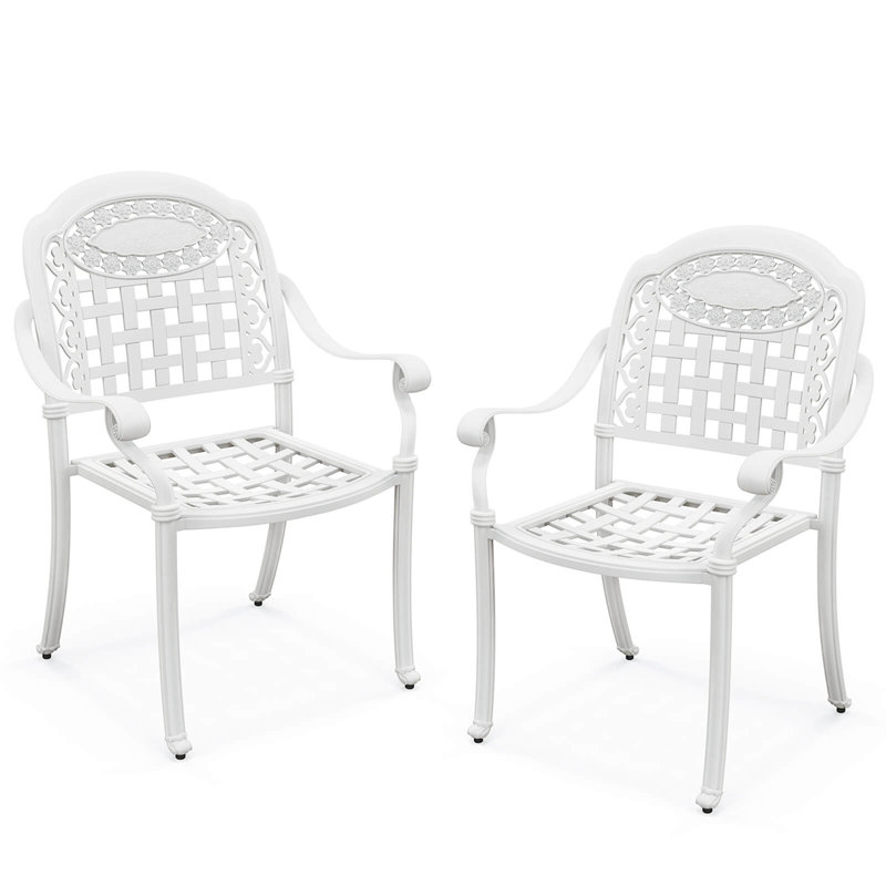Lark Manor™ 2 Pcs Patio Cast Aluminum Armrest Chairs Dining Stackable Outdoor White