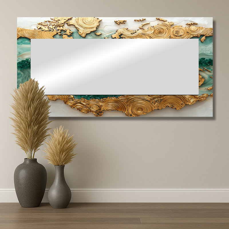 Emerald Crystals World Map Wood Slide I - décoration murale miroir moderne - imprimé sur métal, 28 po x 55 po