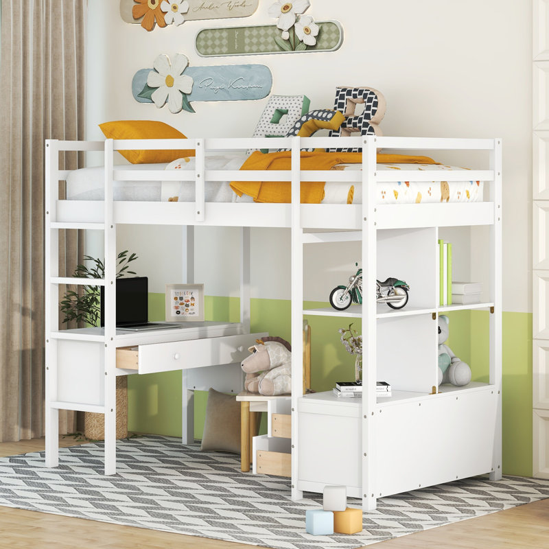 Loft Bed with Built-in Desk with Two Drawers, and Storage Shelves and Drawers, Twin, White 