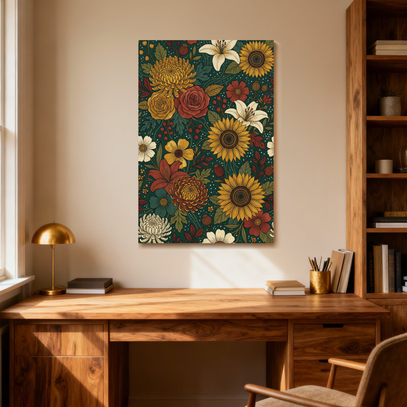 Plantes et fleurs, motif floral avec tournesols, roses et lys, H 18 po x l 12 po