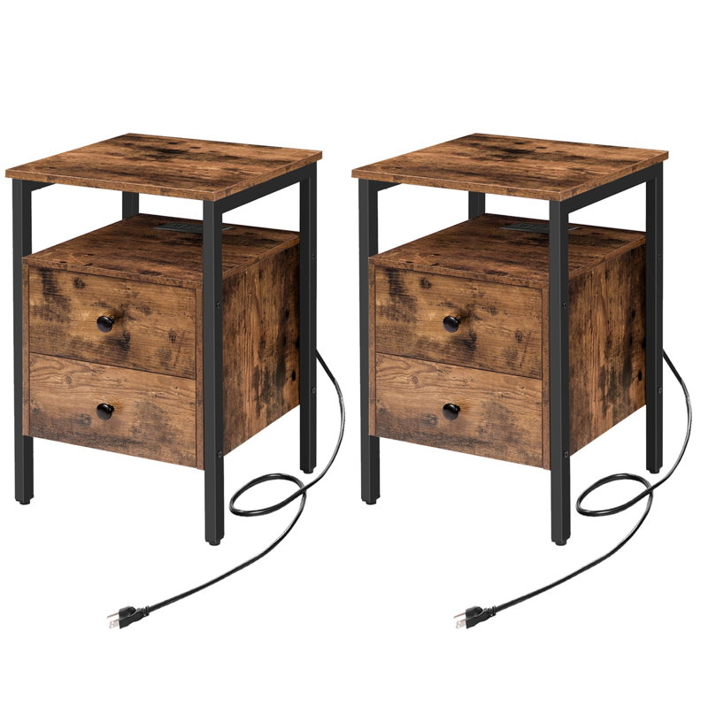 Table de chevet 2 tiroirs en fer avec rangement et prises intégrées Pake, Brun rustique / noir, Ensemble de 2