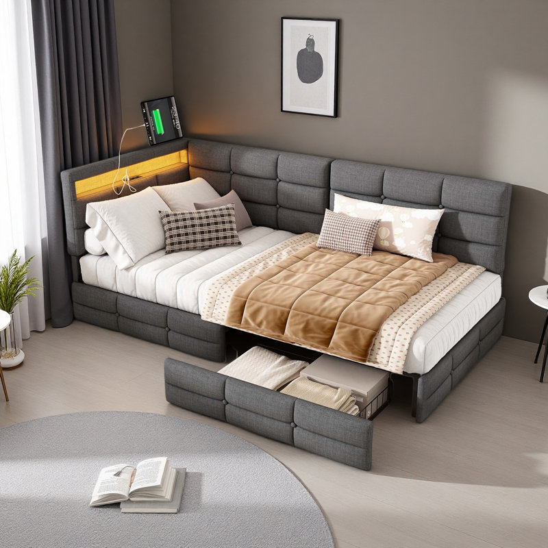L-Shaped Upholstered Daybed with 2 Drawers, Grey