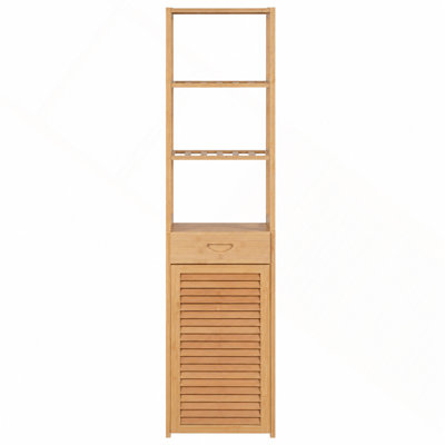 Colonne de rangement étroite en bambou de 163 cm de haut pour le linge de salle de bain, meuble de rangement autoportant avec porte à persiennes, tiroir et étagères ouvertes à lattes, couleur naturelle (ensemble anti-basculement inclus).
