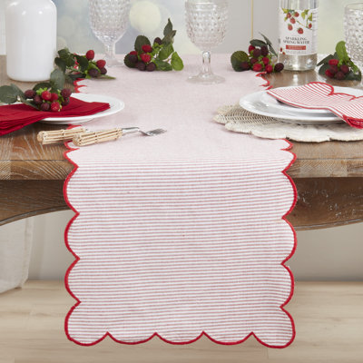Red Striped Scalloped Cotton Table Runner 16" W X 72" L