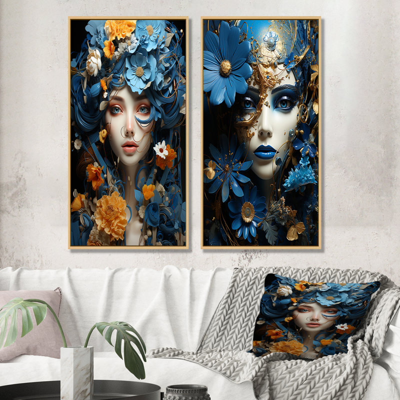 Popart électrique bleu, portrait de femme, art mural sur toile, ensemble de 2, Cadre flottant brun, H 32 po x l 33 po