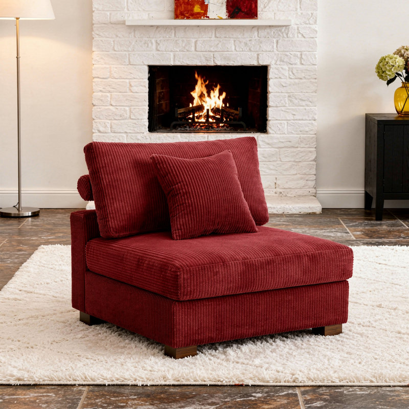 Milbrey Upholstered Red Corduroy Armless Accent Chair with Pillow Back and Solid Wood Legs, Corduroy, Red