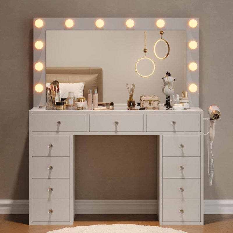 Bureau de coiffeuse avec miroir et 12 lumières, coiffeuse blanche avec prise de courant, table de maquillage avec 11 tiroirs, 3 modes de couleur disponibles pour la chambre à coucher
