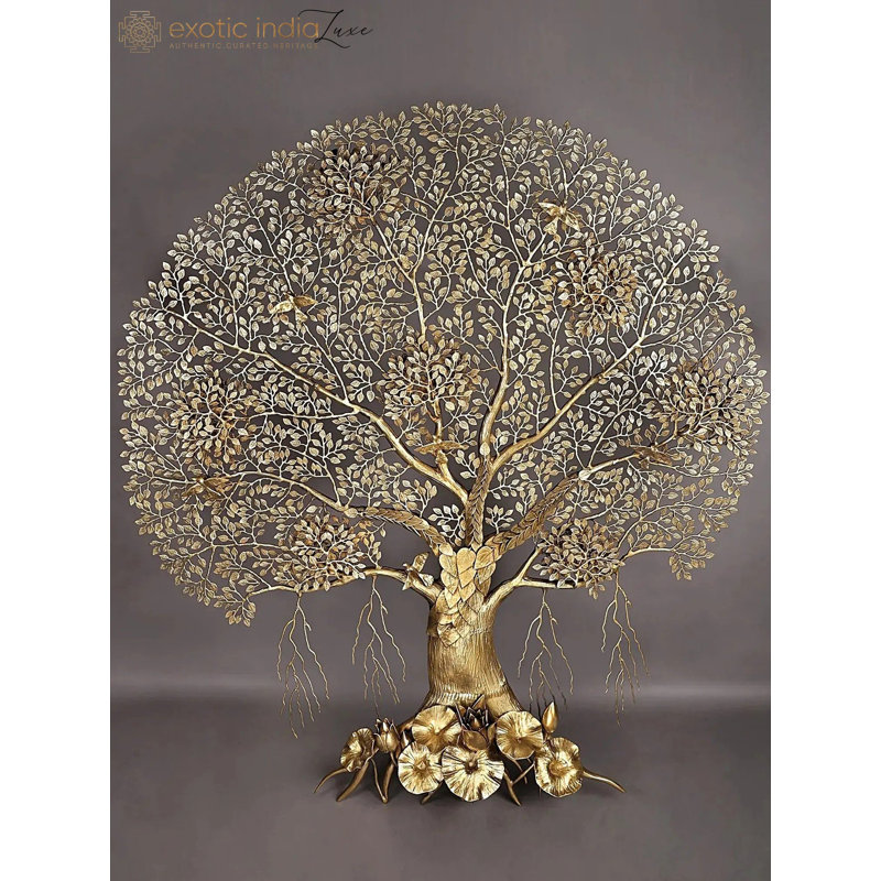 Superbe art mural 75 "arbre de vie en laiton - sculpture faite à la main avec oiseaux et lotus, suspension murale de luxe pour le salon ou le hall d'entrée