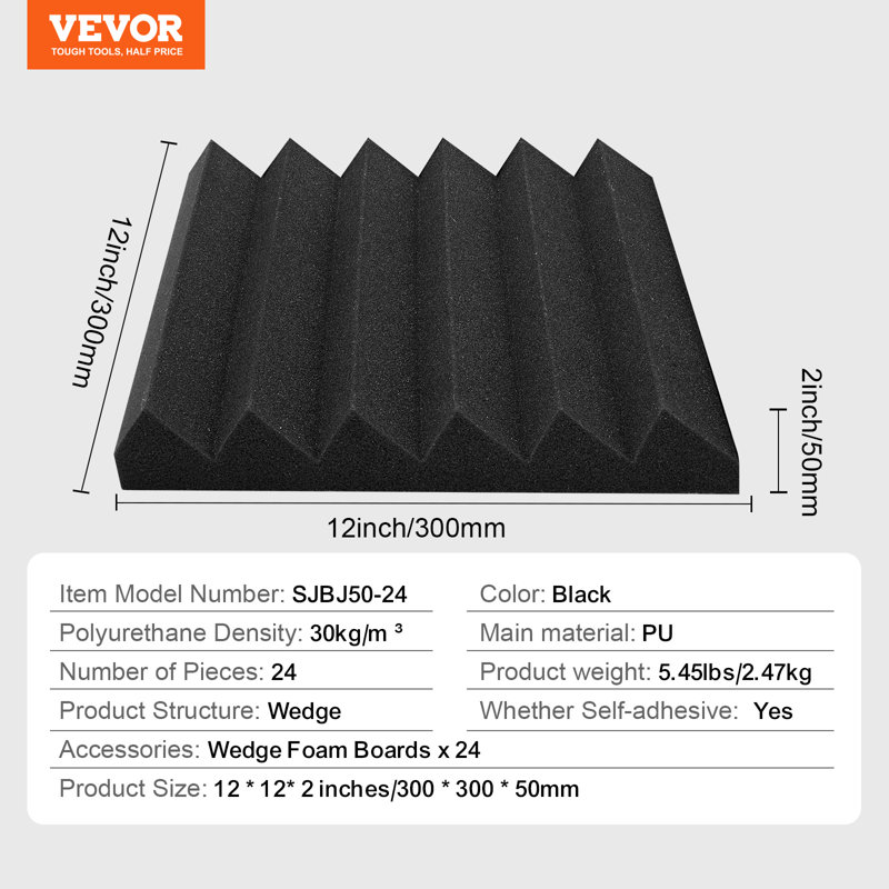 Paquet de 24 panneaux de mousse acoustique adhésifs 12 x 12 x 2 po pour plafond mural