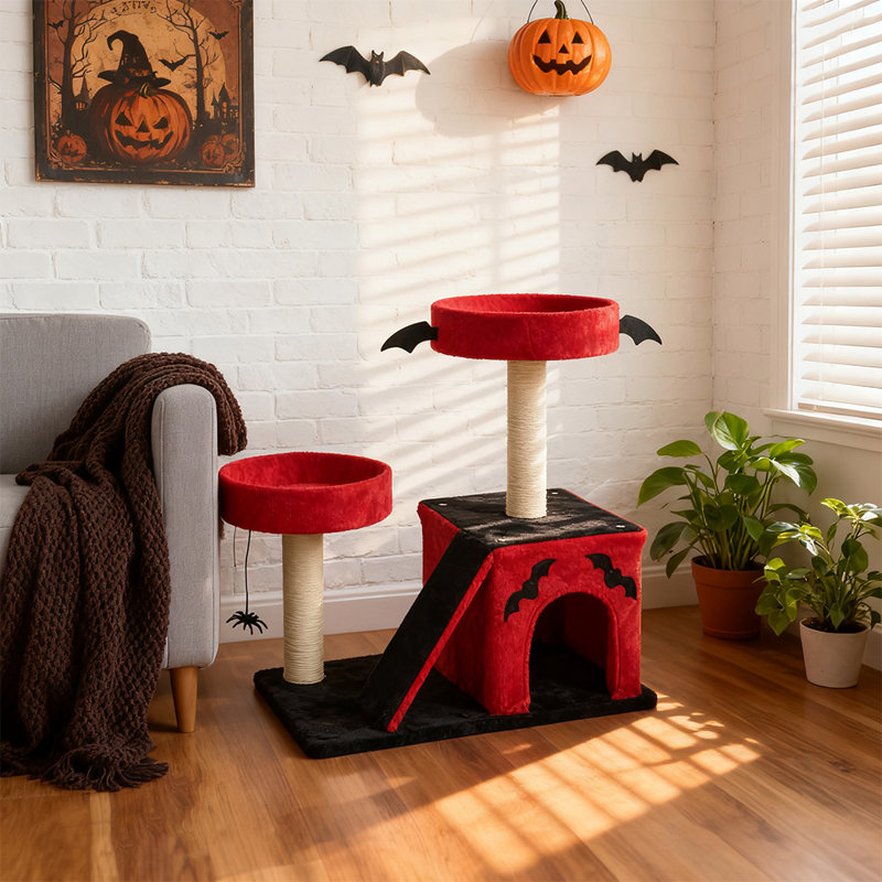 Gothic Halloween Cat Tree Tower with Scratching Ladder, Multi Level Cat Tree with Platforms