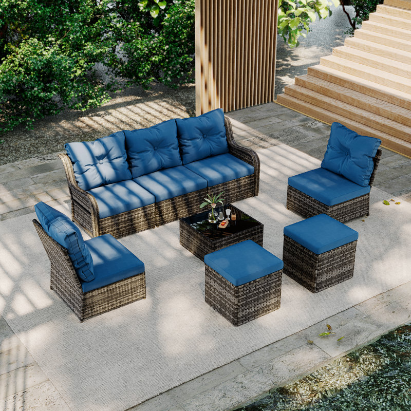 Louann Five-person Group Outdoor Wicker Set With Wicker Coffee Table And Two Ottomans, Blue, Gray Brown