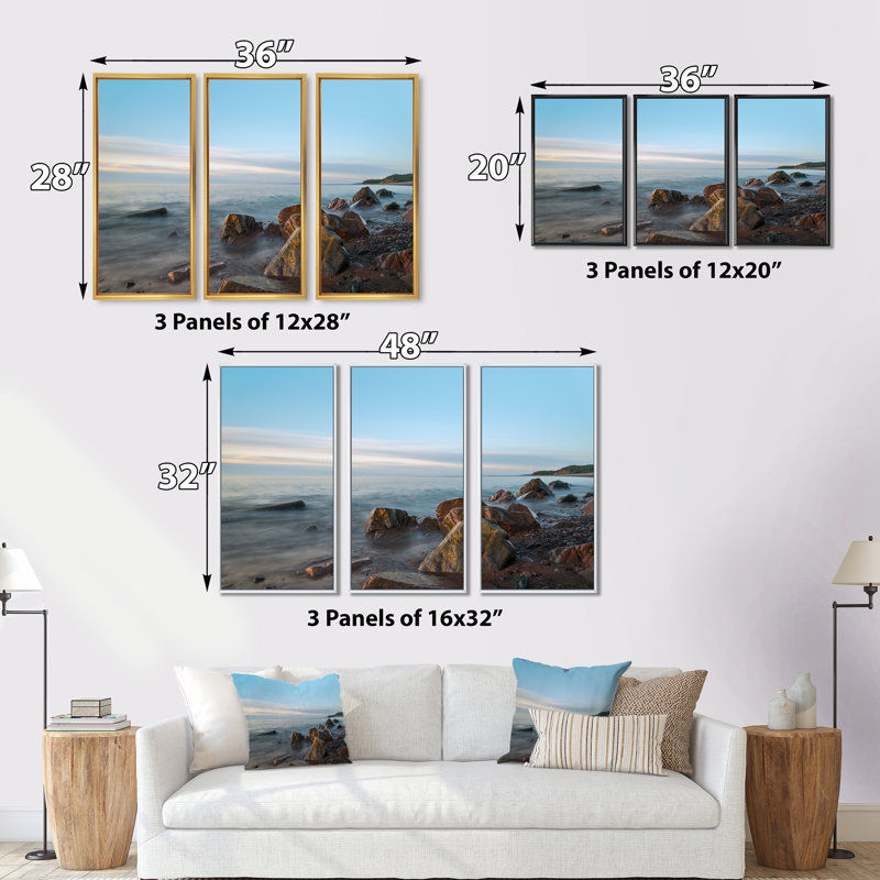 Cape Cape Beach, Nouvelle-Écosse, Canada - Ensemble d'art mural sur toile encadré 3 pièces, H 28 po x l 36 po x P 1 po