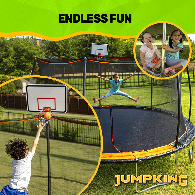 15' Black Round Trampoline with Enclosure and Basketball Hoop