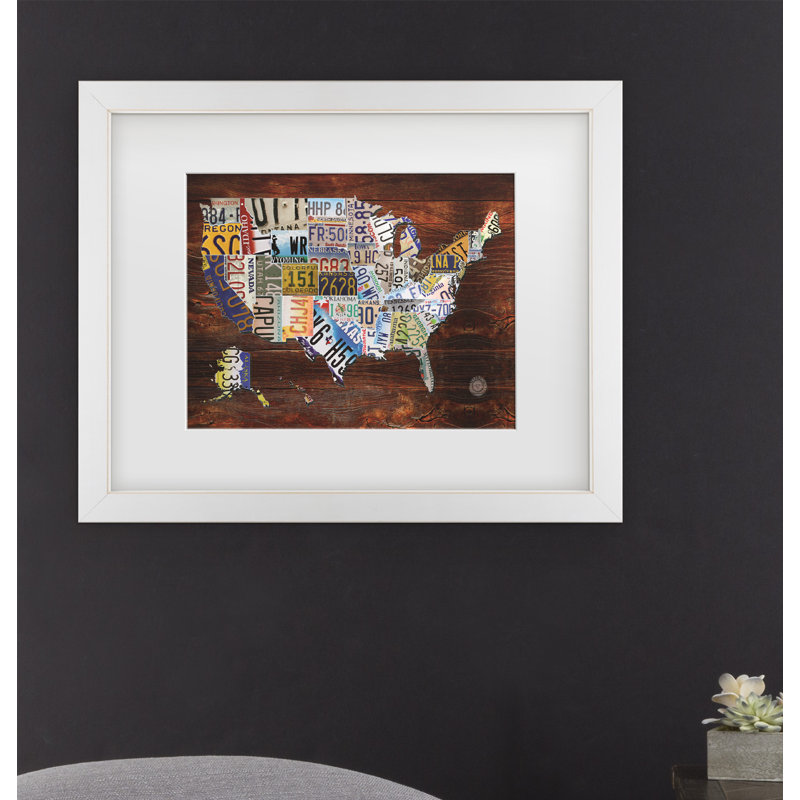 « USA License plaque Map »-impression d’art graphique, H 11 po x l 14 po x P 2 po, Encadrement blanc, Blanc