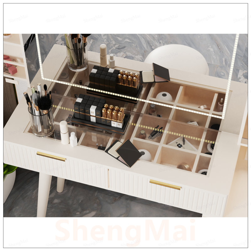 Bureau de maquillage avec miroir et lumières, panneau à cannelures, 11 tiroirs, tablettes ouvertes, luminosité réglable