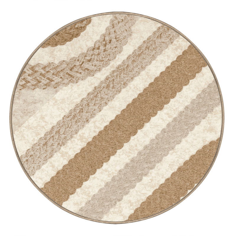Tapis rayé beige lavable à la machine Osiyo Cottage Americana, Rond 4 pi