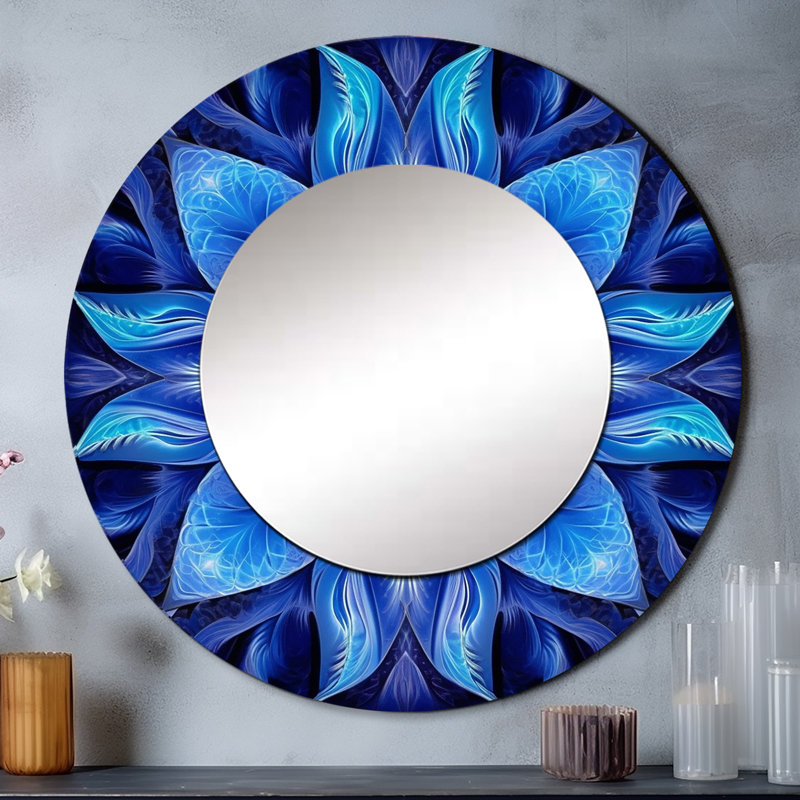Turquoise et blanc fractal fleurs VII - miroir géométrique, miroir mural rond unique turquoise, art imprimé en métal