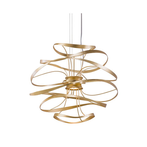 Modern gold pendant light fixture featuring overlapping, ribbon-like metal loops radiating from a central core.