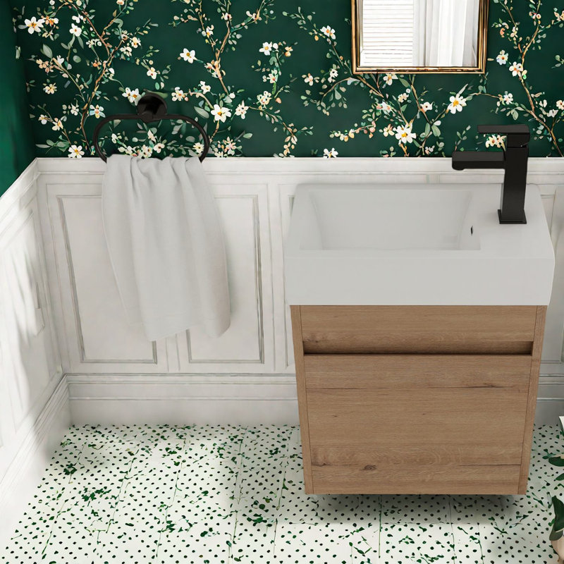 Meuble-lavabo peu encombrant avec lavabo en résine blanche, finition bois, style moderne