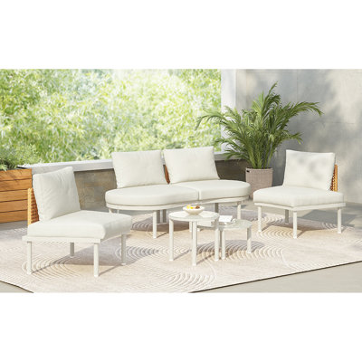 6 modulaires d'extérieur: demi-lune, 2 tables basses rondes, pe, verre trempé et 4 coussins beiges confortables Meubles de patio: avec dessus en verre, coussins de siège