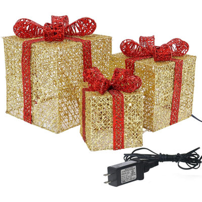 Christmas Lighted Gift Boxes for Xmax Decor 8"/6"/5" Gold
