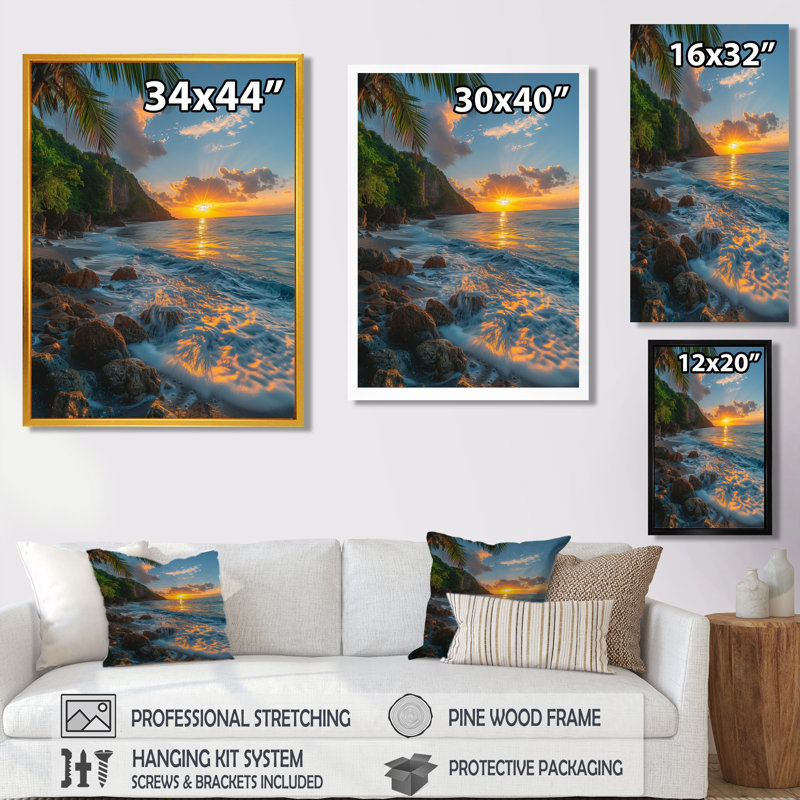 Photo panoramique de la plage rocheuse au lever du soleil III - Décoration murale plage, H 32 po x l 24 po x P 1 po