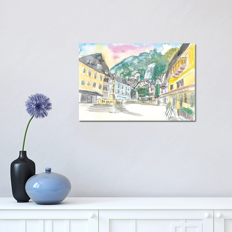 Hallstatt Romantic Market Place With Mountain And Waterfall Sound by Markus & Martina Bleichner - Wrapped Canvas Gallery-Wrapped Canvas Giclée
