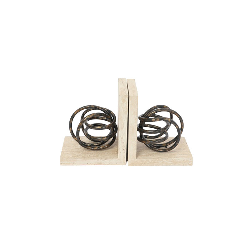 Cole and Gray Wooden Beige Decorative Bookends with Black Metal Coiled Sculptures and Copper Accents Set