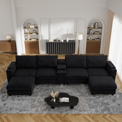  Canapé modulaire en velours côtelé 153,5 "avec console USB Porte-gobelets 4 coussins décoratifs