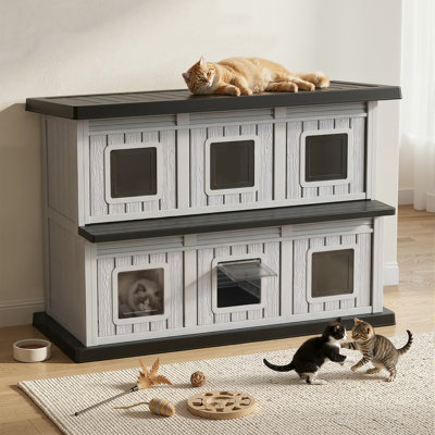 Maison pour chat à deux étages en résine, abri extérieur pour chat avec plateforme