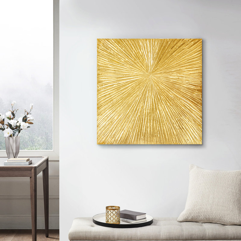 Hand Painted 30" X Resin Wall Decor - Metallic Gold Abstract Burst Art 30"W 30"H, Gold