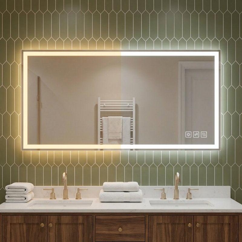Miroir de salle de bain 24 po x 48 po à DEL avec antibrouillard, miroir mural à intensité variable 3 couleurs, à suspendre horizontalement ou verticalement