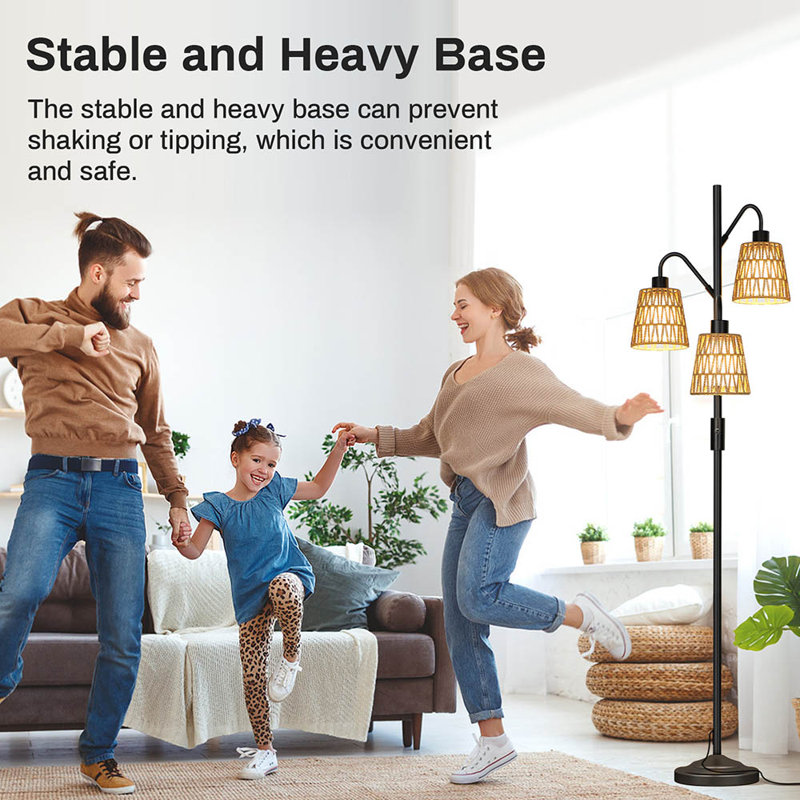Dimmable 3-Light Floor Lamp, 69-Inch Tall Industrial Farmhouse Standing Lamp with Rattan Shades, Modern Rustic Tree Lamp for Living Room, Bedroom, Office