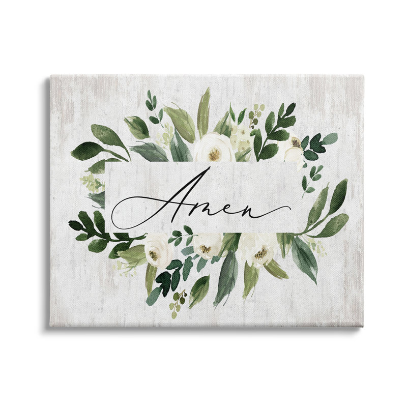 Texte de l'Amen, feuillage botanique vert, fleurs blanches et patiné - impression, H 24 po x l 30 po x P 1,5 po, Toile tendue