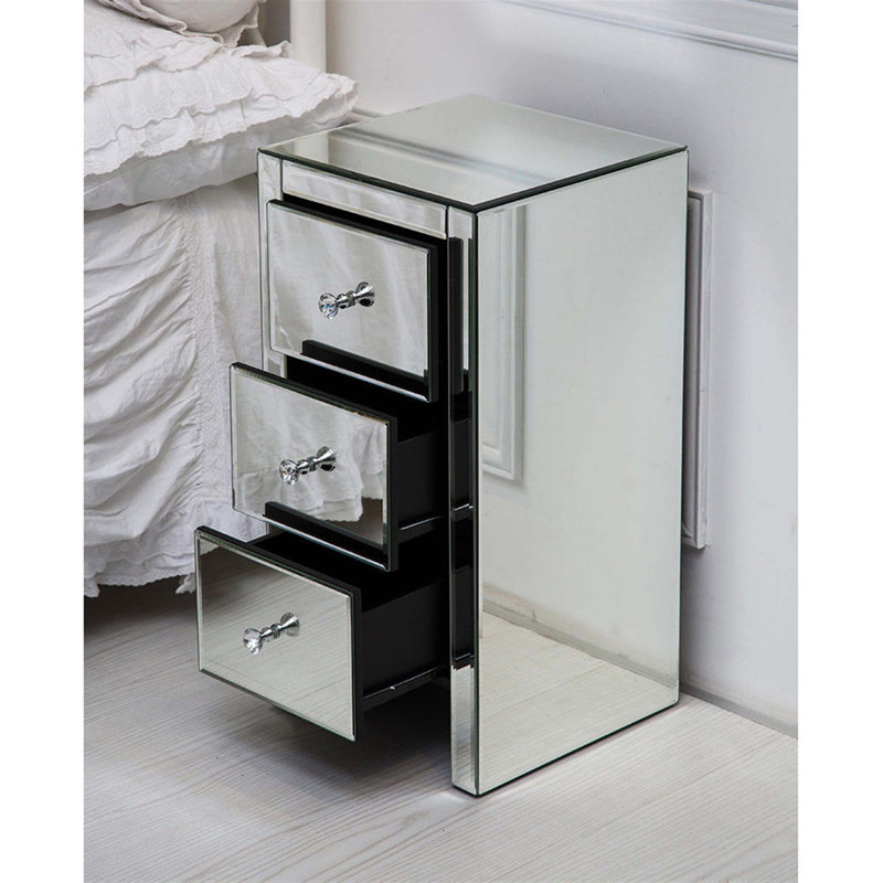 Mirrored Glass Bedside Table With Three Drawers