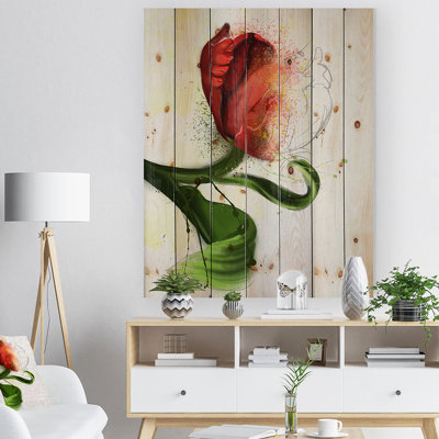 Grande fleur rouge avec feuilles vertes Grande fleur rouge avec feuilles vertes - Peinture sur