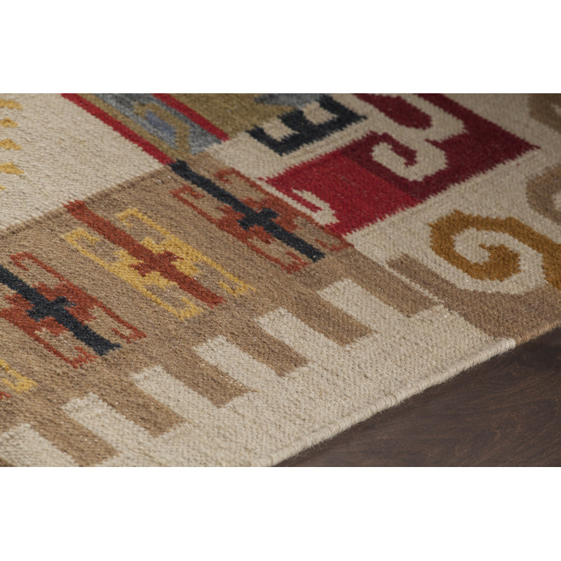 Tapis tissé à la main bleu, gris, blanc, jaune, noir et vert Gupta, Rectangle 5 pi x 7 pi