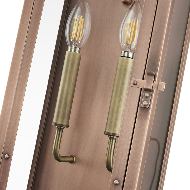24 in. 2-Light Antique Copper With Brass accents Outdoor Wall Lantern With Clear Glass Panes